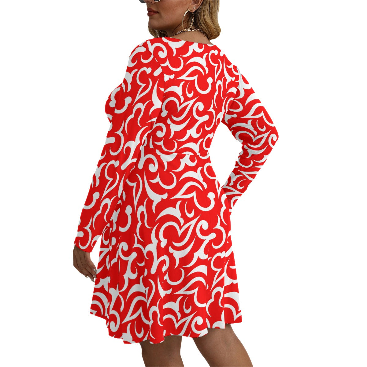 Royalty Made Red & White Women's V-neck Long Sleeve Dress (Plus Size)