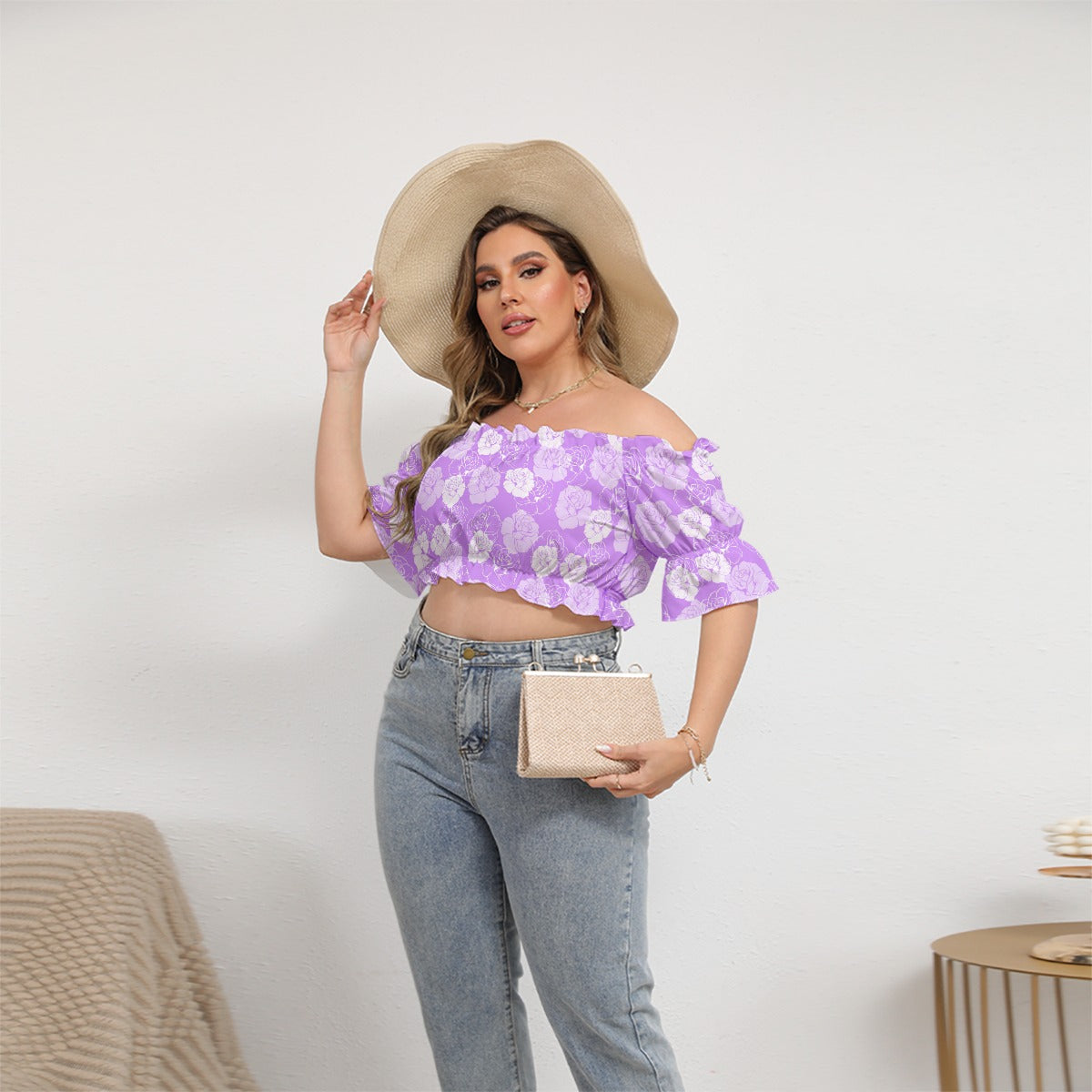 White Roses With Purple Women's Off-shoulder Cropped Top With Short Puff Sleeve