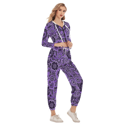 Cute Purple Flower Women's Crop Hoodie Sports Sets