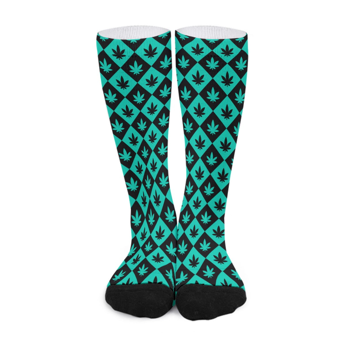 Black & Teal Stoners Only Weed Leaf Checker Board Long Socks