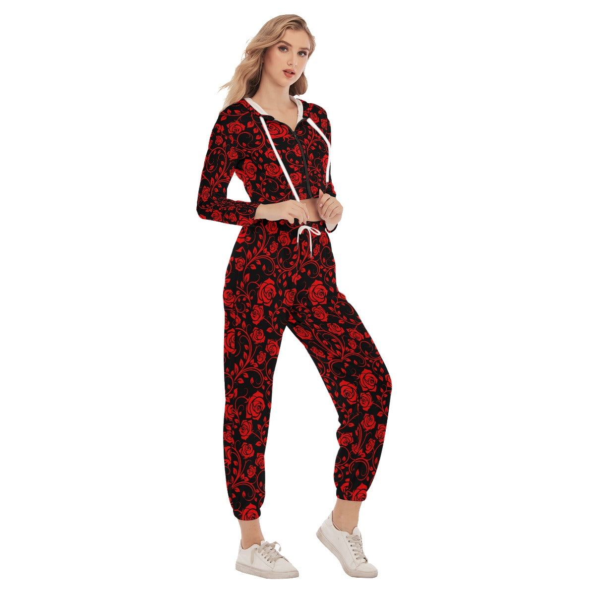 Black & Red Roses Women's Crop Hoodie Sports Sets