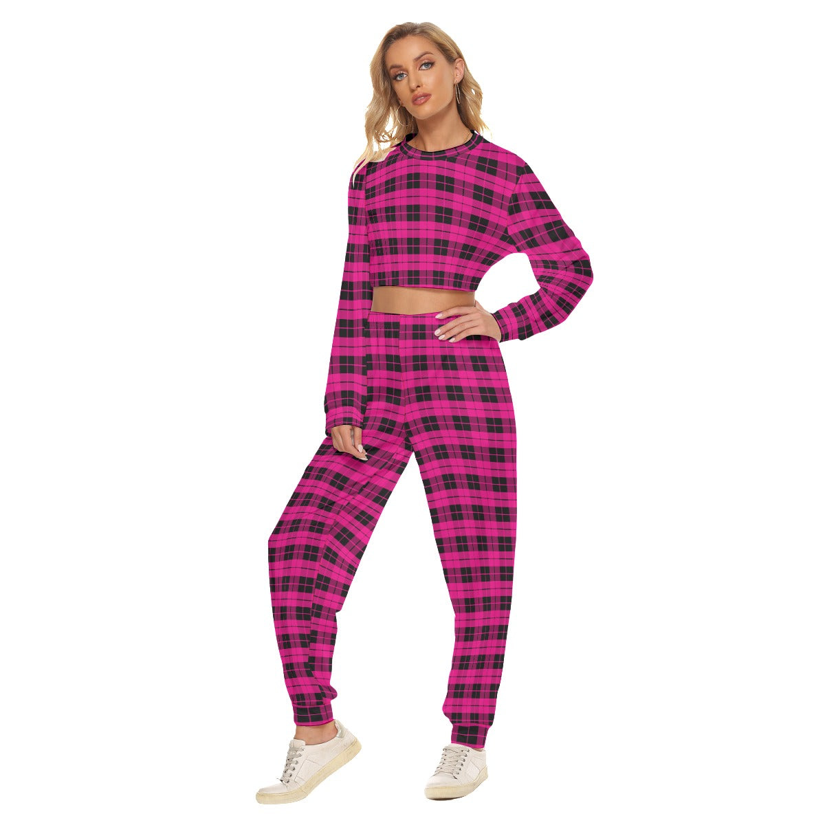 Pink & Black Plaid Women's Crop Sweatshirt Suit