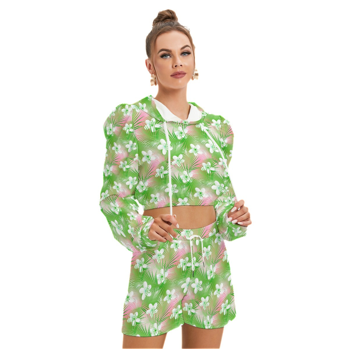 Tropical Frangipani Hibiscus With Palms Women's Mirco Fleece Hoodie And Shorts Set