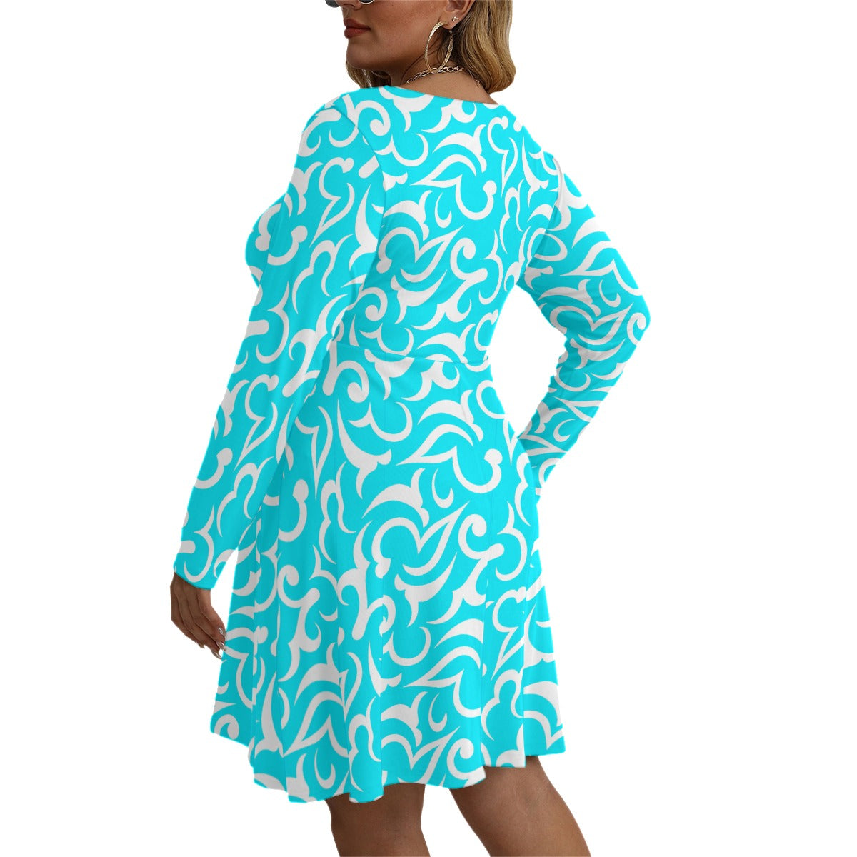 Royalty Made Teal & White Women's V-neck Long Sleeve Dress (Plus Size)