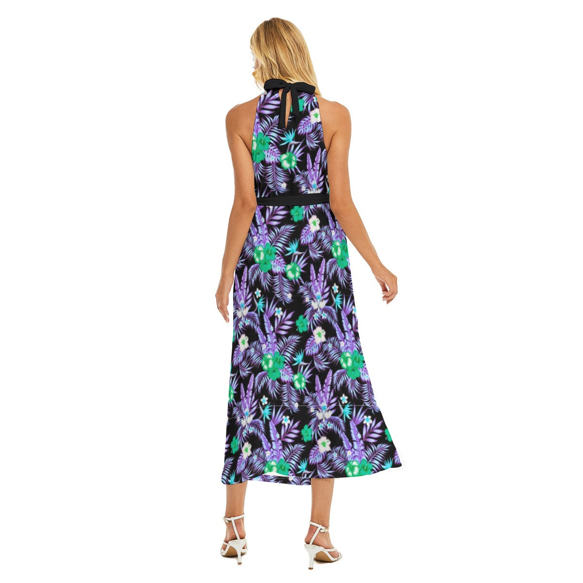 Tropical Hibiscus Women's Wrap Hem Belted Halter Dress