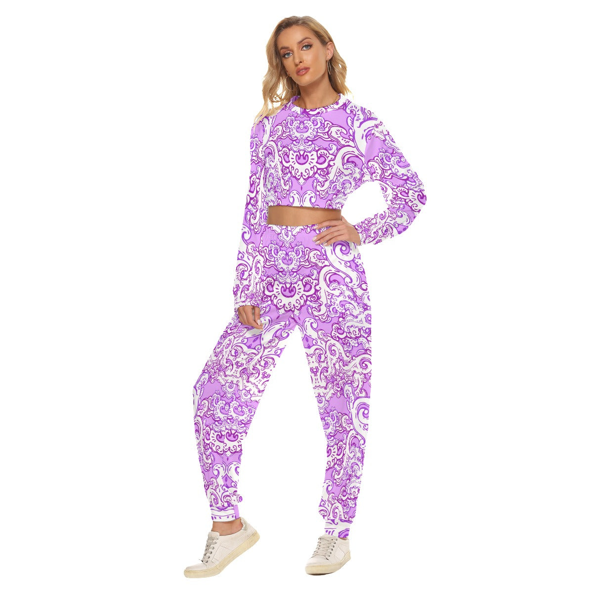 Purple & White Baroque Pattern Women's Crop Sweatshirt Suit