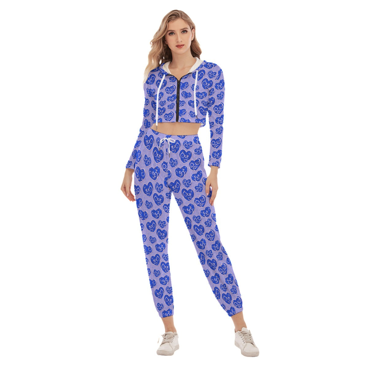 Cute Blue Hearts Women's Crop Hoodie Sports Sets