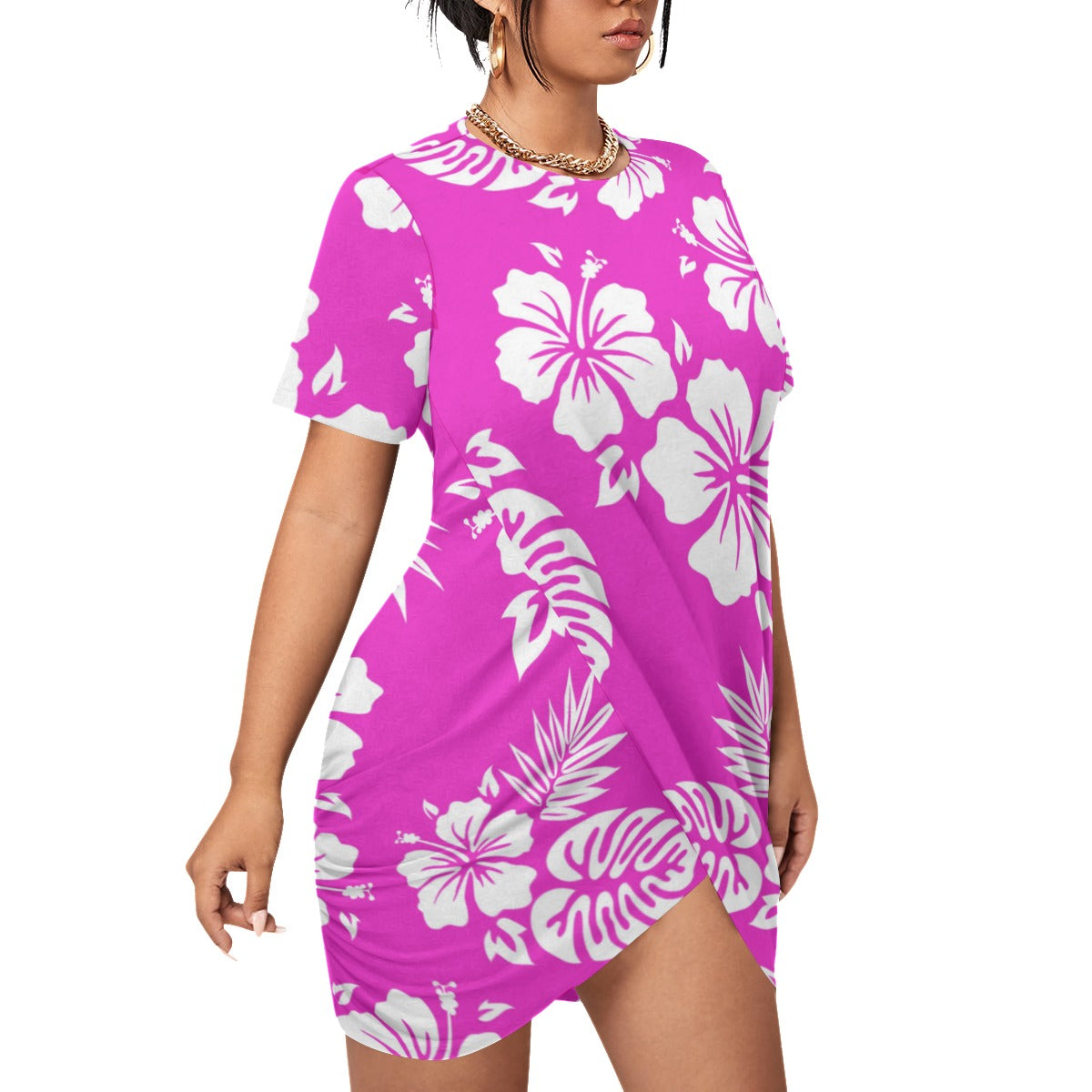 Pink Aloha Women’s Stacked Hem Dress With Short Sleeve （Plus Size）