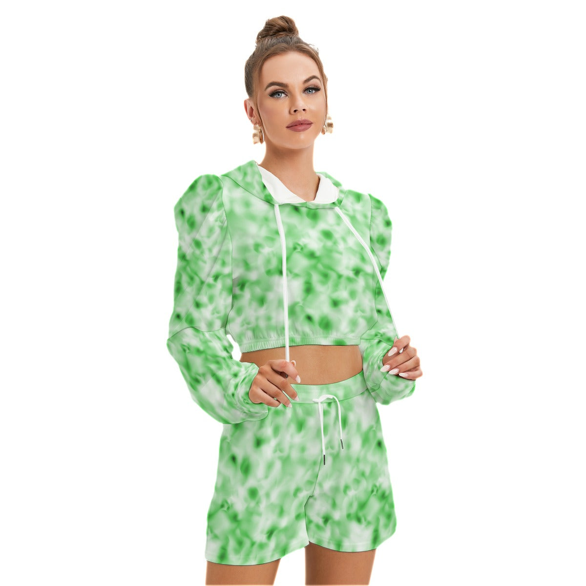 Green & White Smoke Women's Mirco Fleece Hoodie And Shorts Set