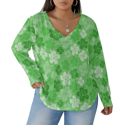 Women's Tropical Hawaiian Hibiscus Flowers V-neck T-shirt With Curved Hem(Plus Size)