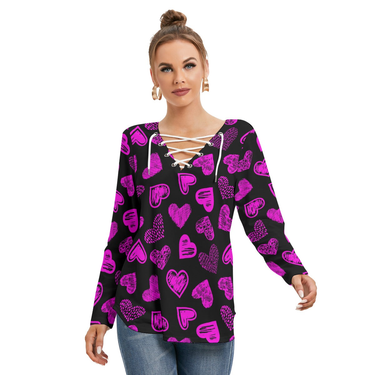 Black With Pink Doodle Hearts Women's Long Sleeve Neckline Tie Sweatshirt