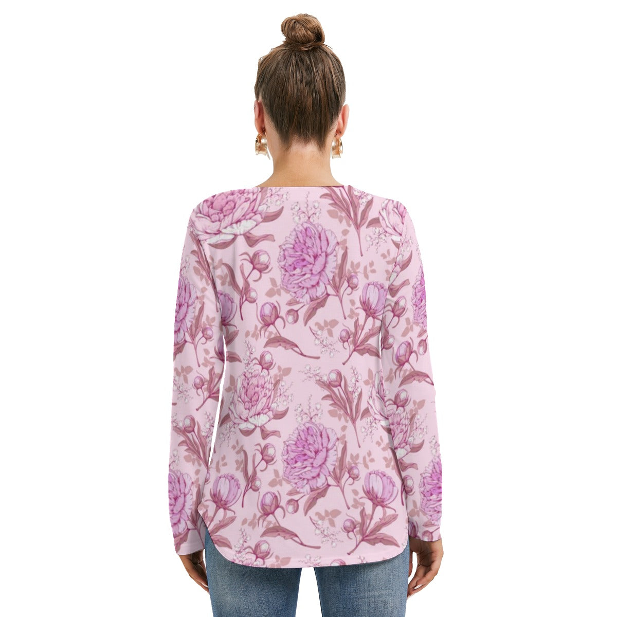 Cute Peonies Women's Long Sleeve Neckline Tie Sweatshirt