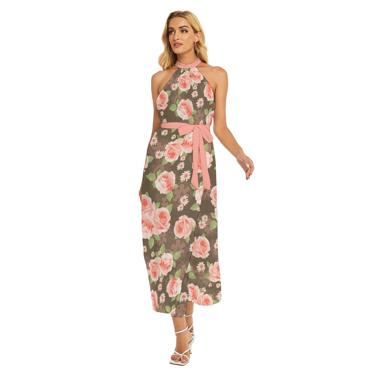 Beautiful Roses Women's Wrap Hem Belted Halter Dress