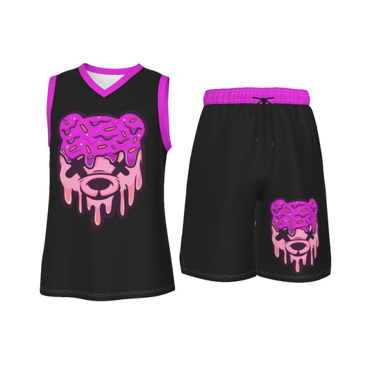 Purple & Pink Ice Cream Teddy Men's V Neck Basketball Suit