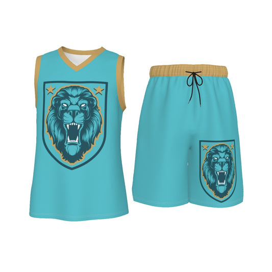 Blue & Gold Lion Shield Men's V Neck Basketball Suit