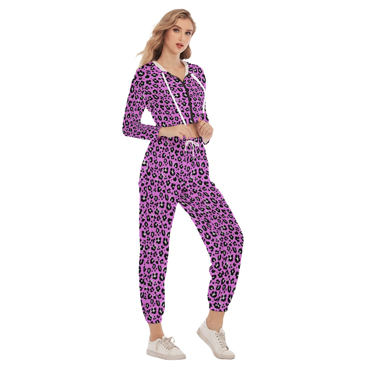 Bellafontes Purple & Black Animal Print Women's Crop Hoodie Sports Sets