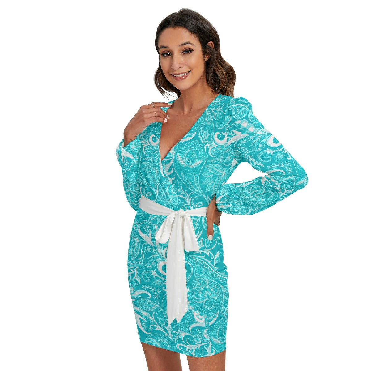 Cute Flower Teal & White Long Sleeve Dress With Waist Belt