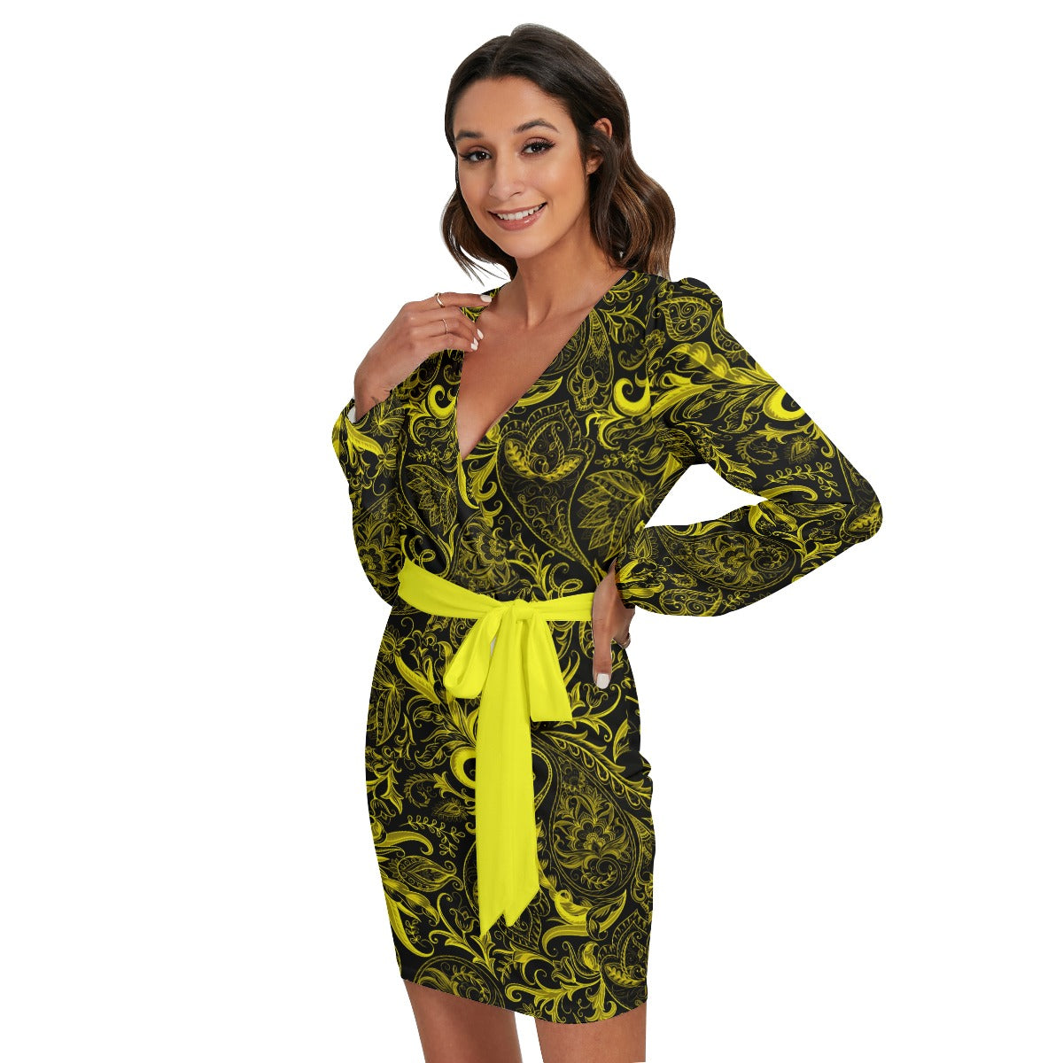 Cute Flower Black & Yellow Long Sleeve Dress With Waist Belt