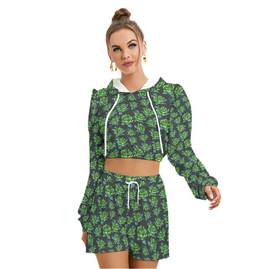 Green Roses Women's Mirco Fleece Hoodie And Shorts Set