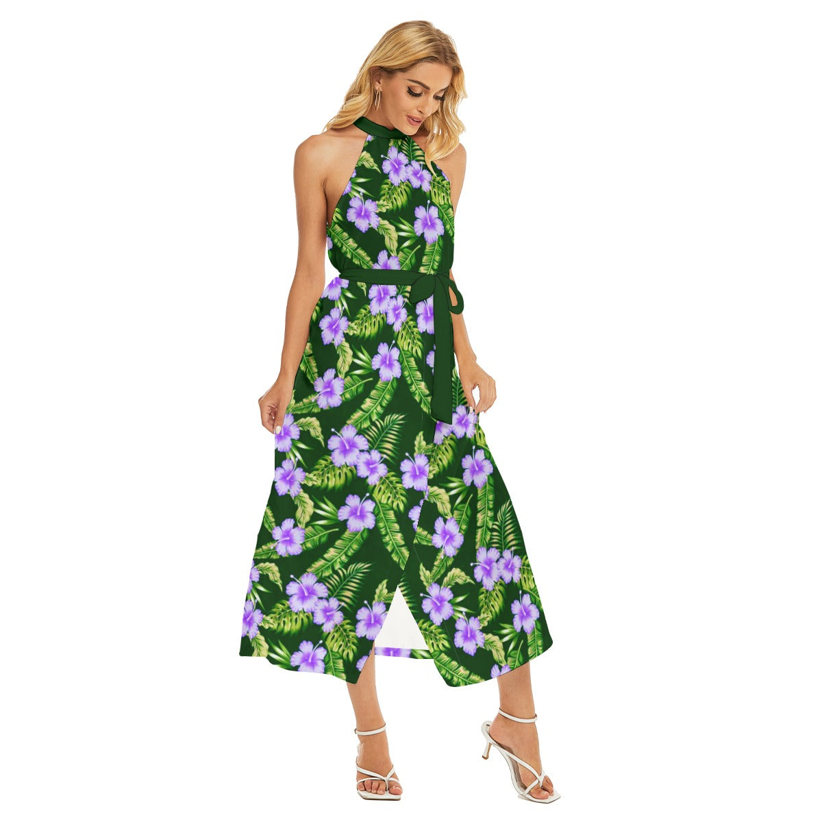 Tropical Hibiscus Women's Wrap Hem Belted Halter Dress