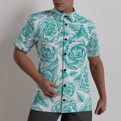 Teal & White Roses Men's Button Up