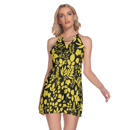 Yellow Europe Forest Leaves Women's Round Neck Above Knee Dress