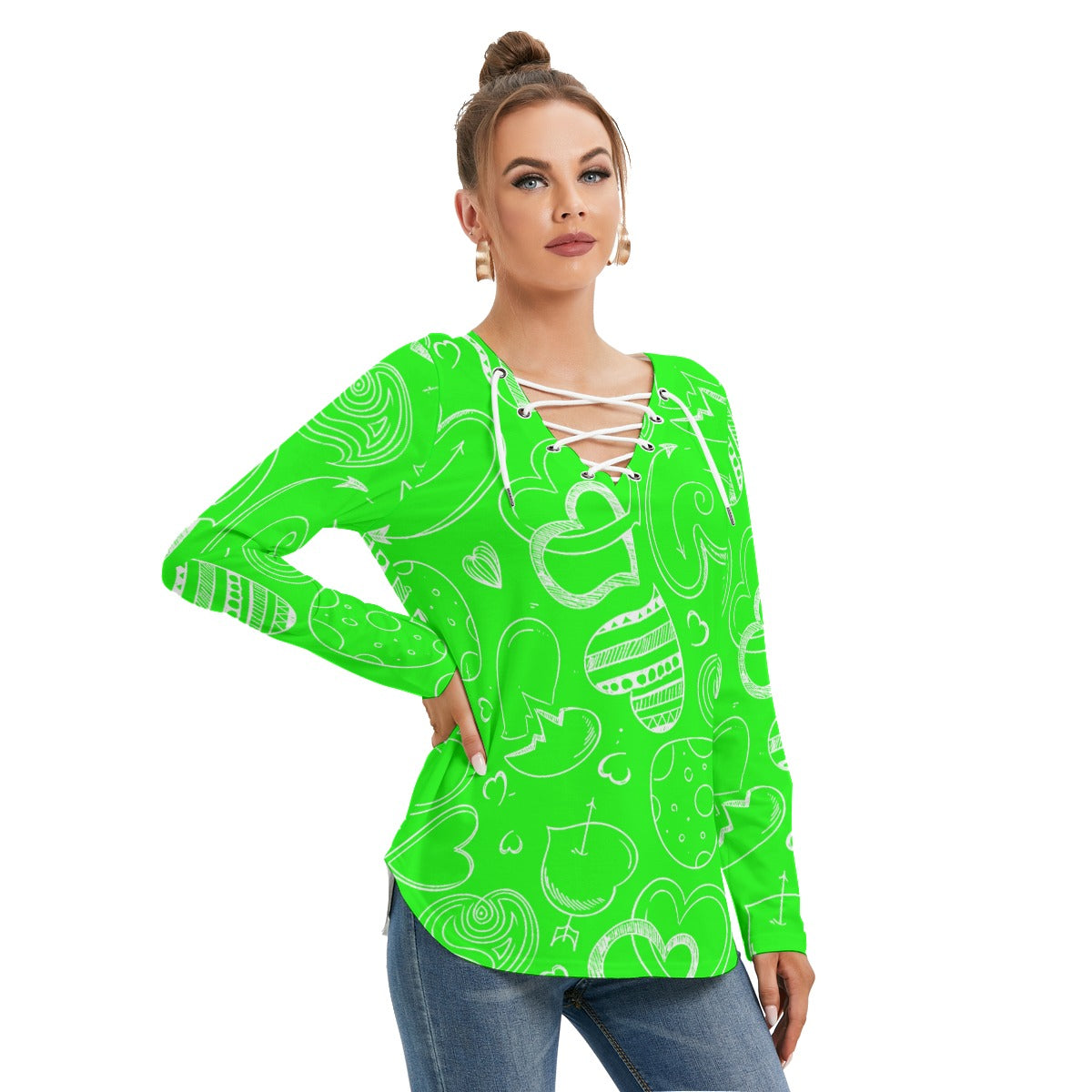 Green With White Doodle Hearts Women's Long Sleeve Neckline Tie Sweatshirt