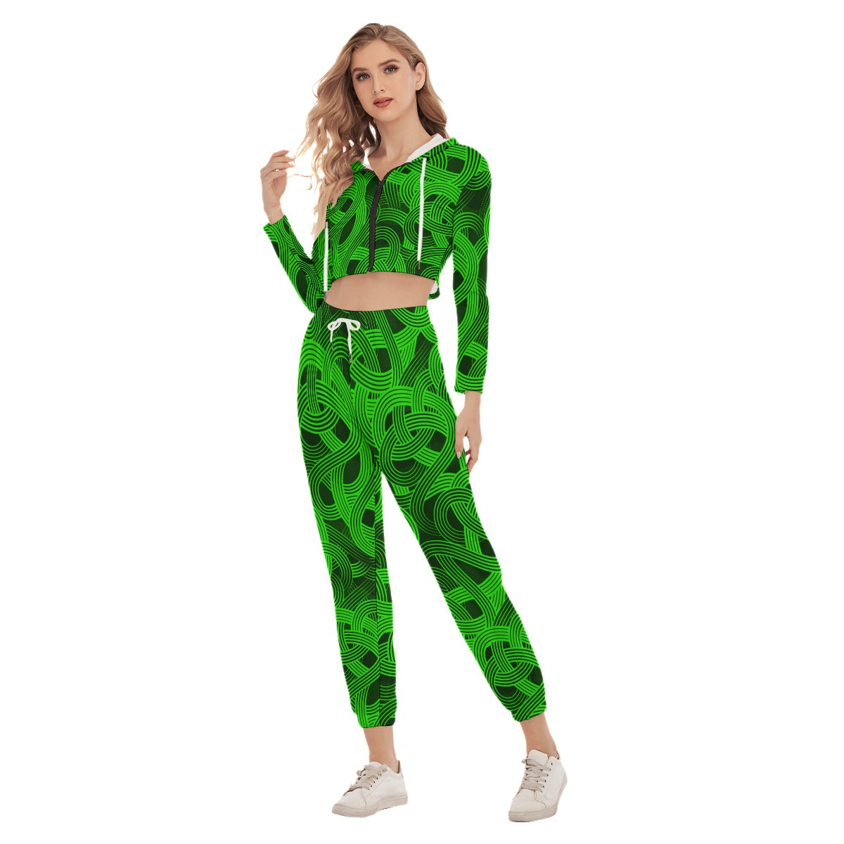 Trippy Green & Black Noodles Women's Crop Hoodie Sports Sets