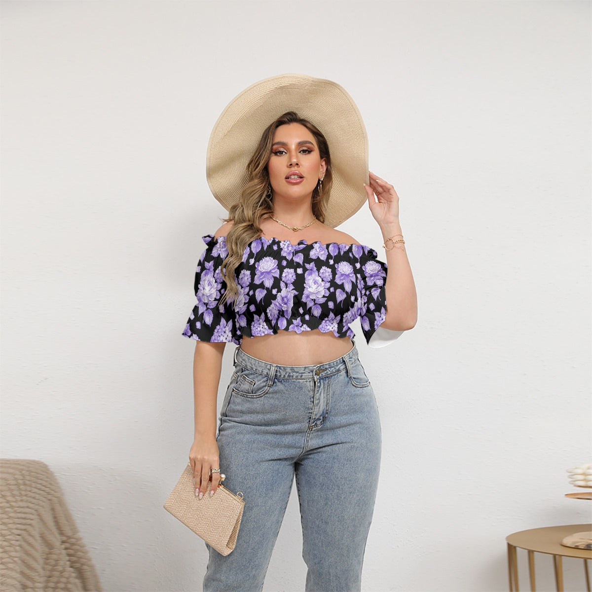 Purple Flowers Women's Black Off-shoulder Cropped Top With Short Puff Sleeve