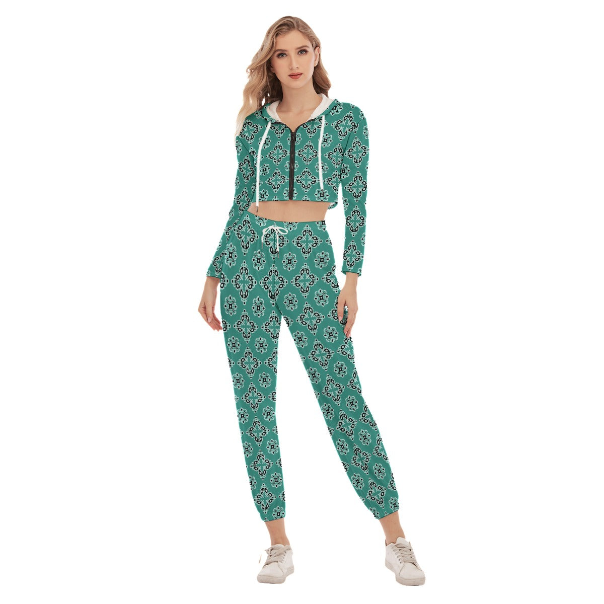 Teal Ethnic Tribal Women's Crop Hoodie Sports Sets