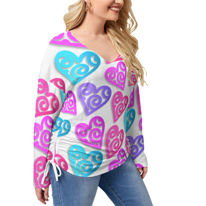 Colorful Paper Hearts Women’s V-neck T-shirt With Side Drawstring(Plus Size)