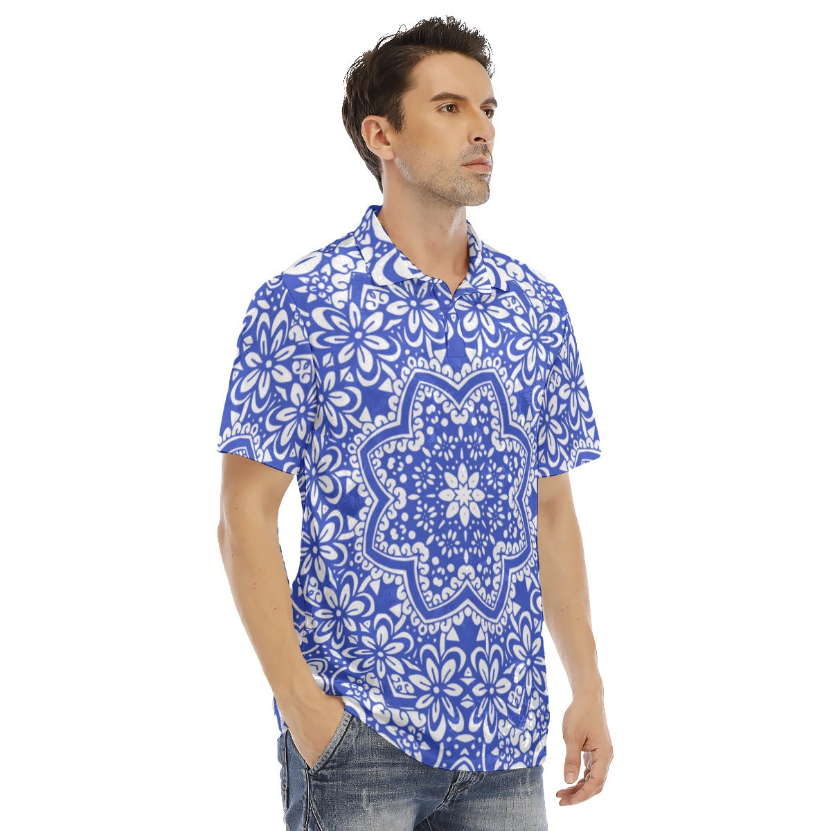 Blue Ethnic Flowers Men's Polo Shirt | Velvet