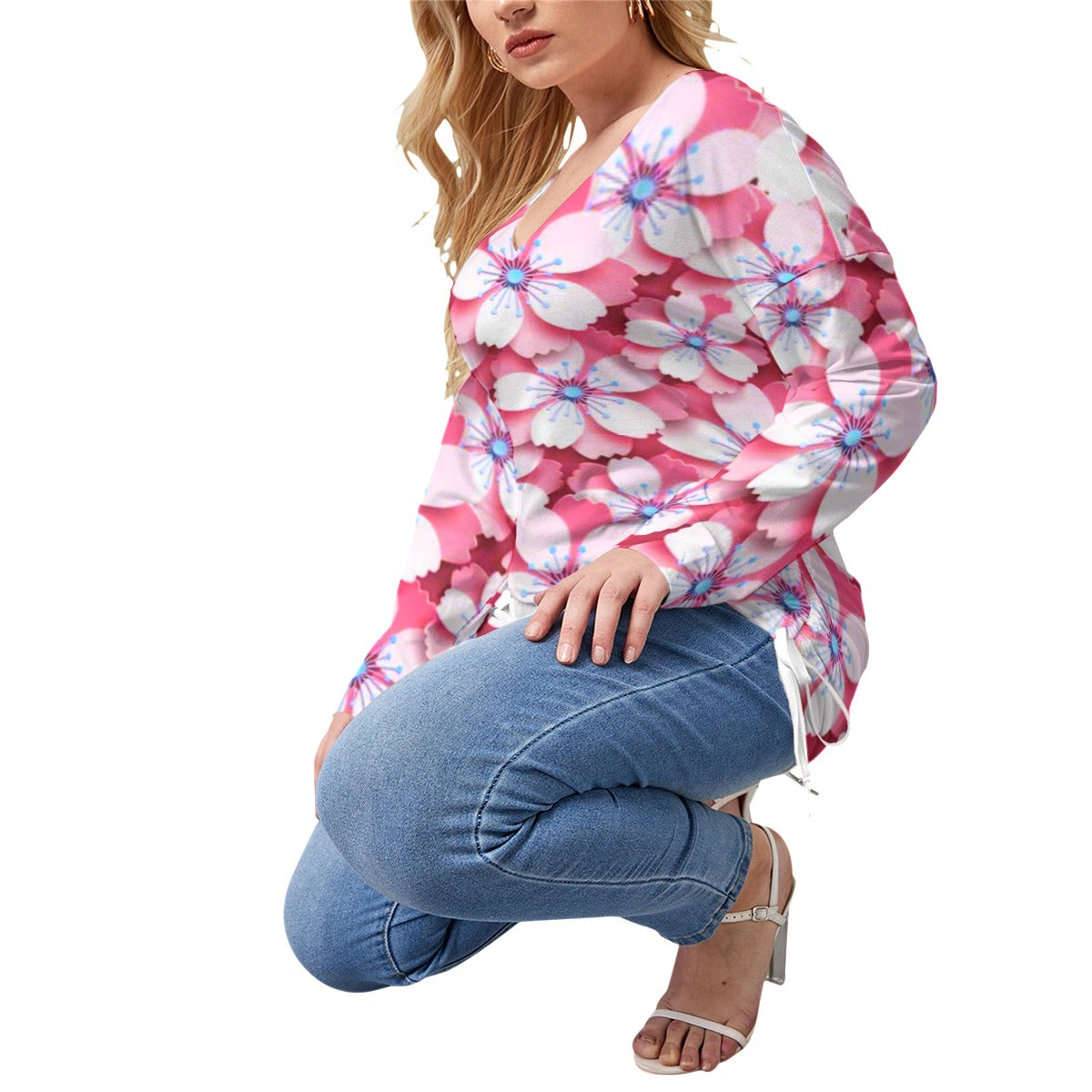 Pink With White Cherry Blossoms Women’s V-neck T-shirt With Side Drawstring(Plus Size)