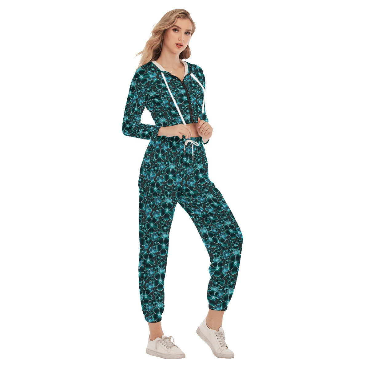 Blue Flowers Women's Crop Hoodie Sports Sets