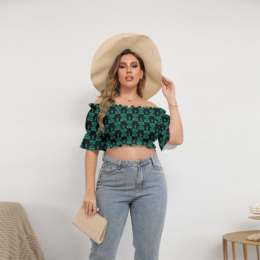 Cute Black & Teal Women's Off-shoulder Cropped Top With Short Puff Sleeve