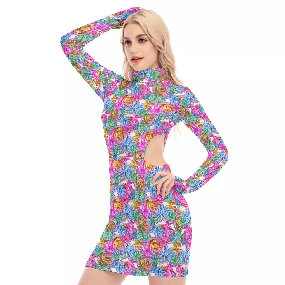 Colorful Flowers Waist Hollow Hip Dress