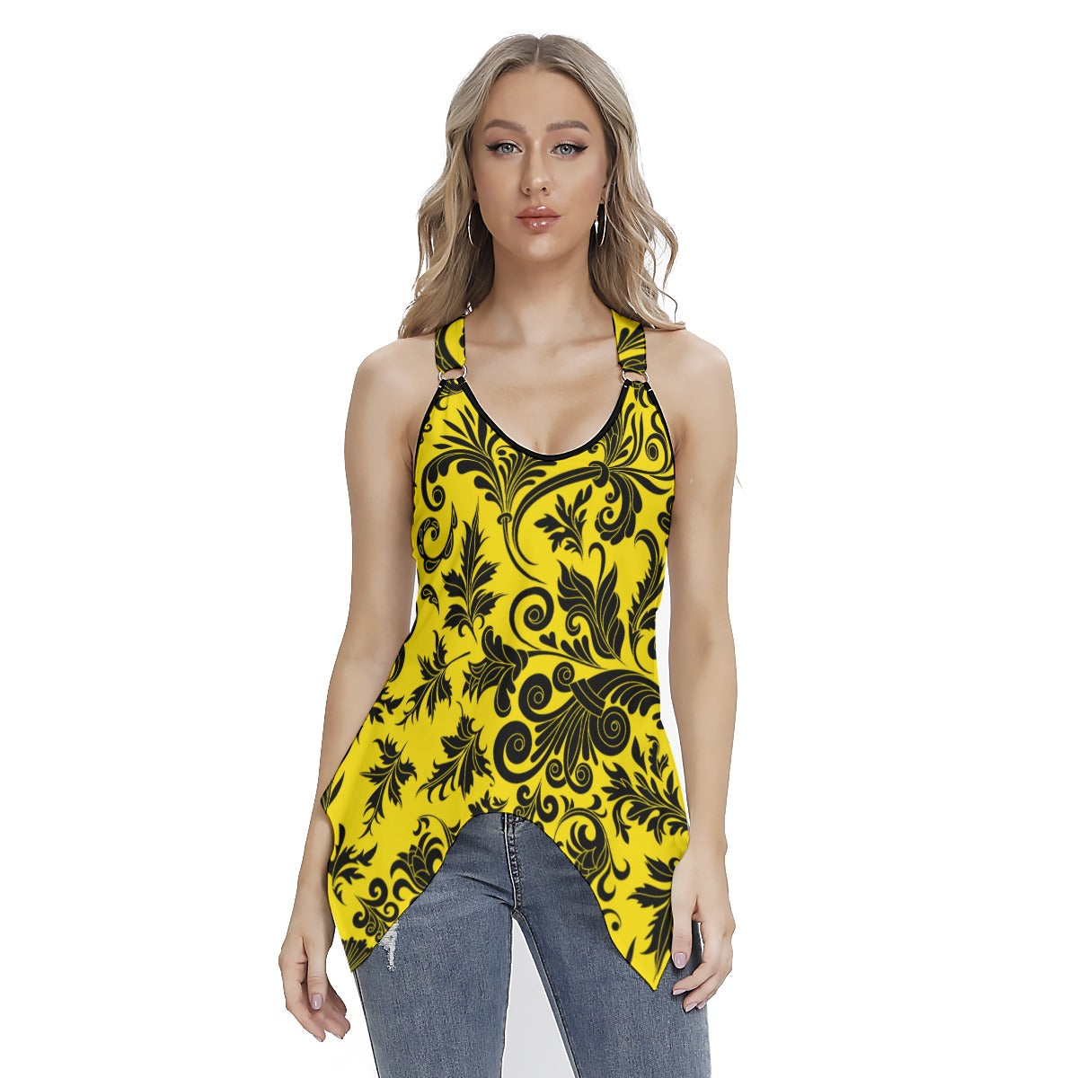 Elegant Yellow With Black Flowers Women's Skinny Sport Tank Top