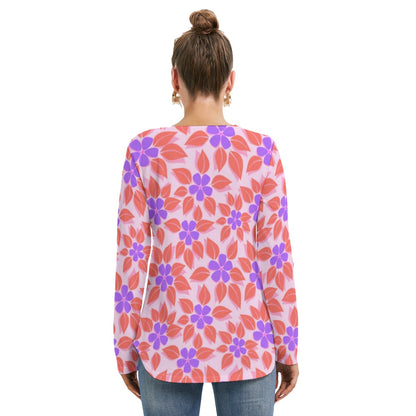 Tropical Flowers Women's Long Sleeve Neckline Tie Sweatshirt