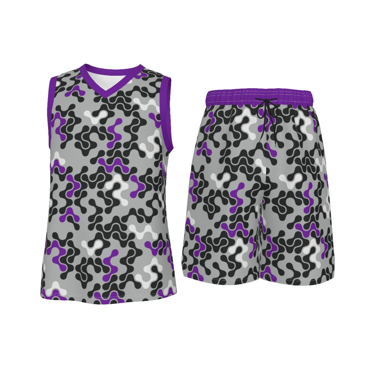 Purple, Black & White Abstract Men's V Neck Basketball Suit