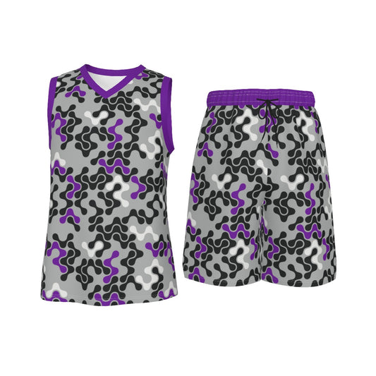 Purple, Black & White Abstract Men's V Neck Basketball Suit