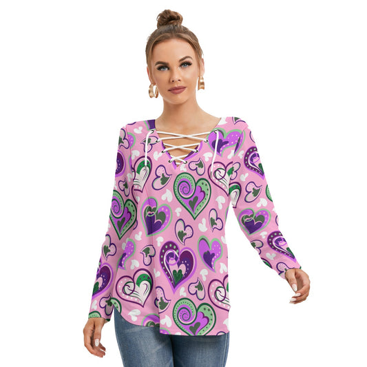 Colorful Doodle Hearts Women's Long Sleeve Neckline Tie Sweatshirt