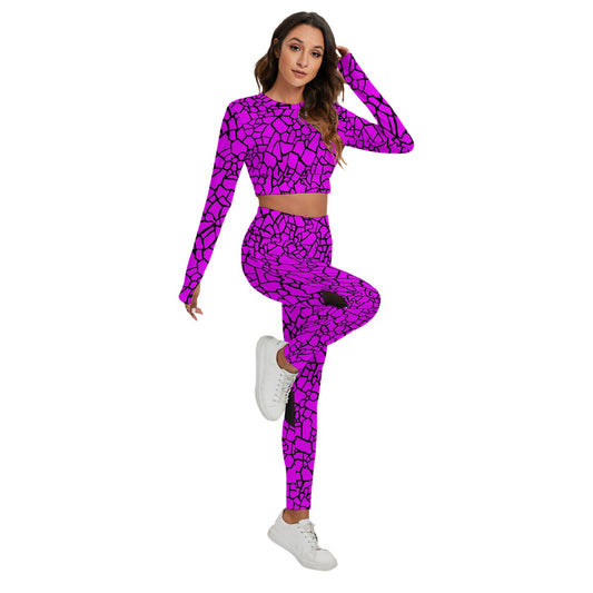 Purple & Black Stone Pattern Women's Sport Set With Backless Top And Leggings