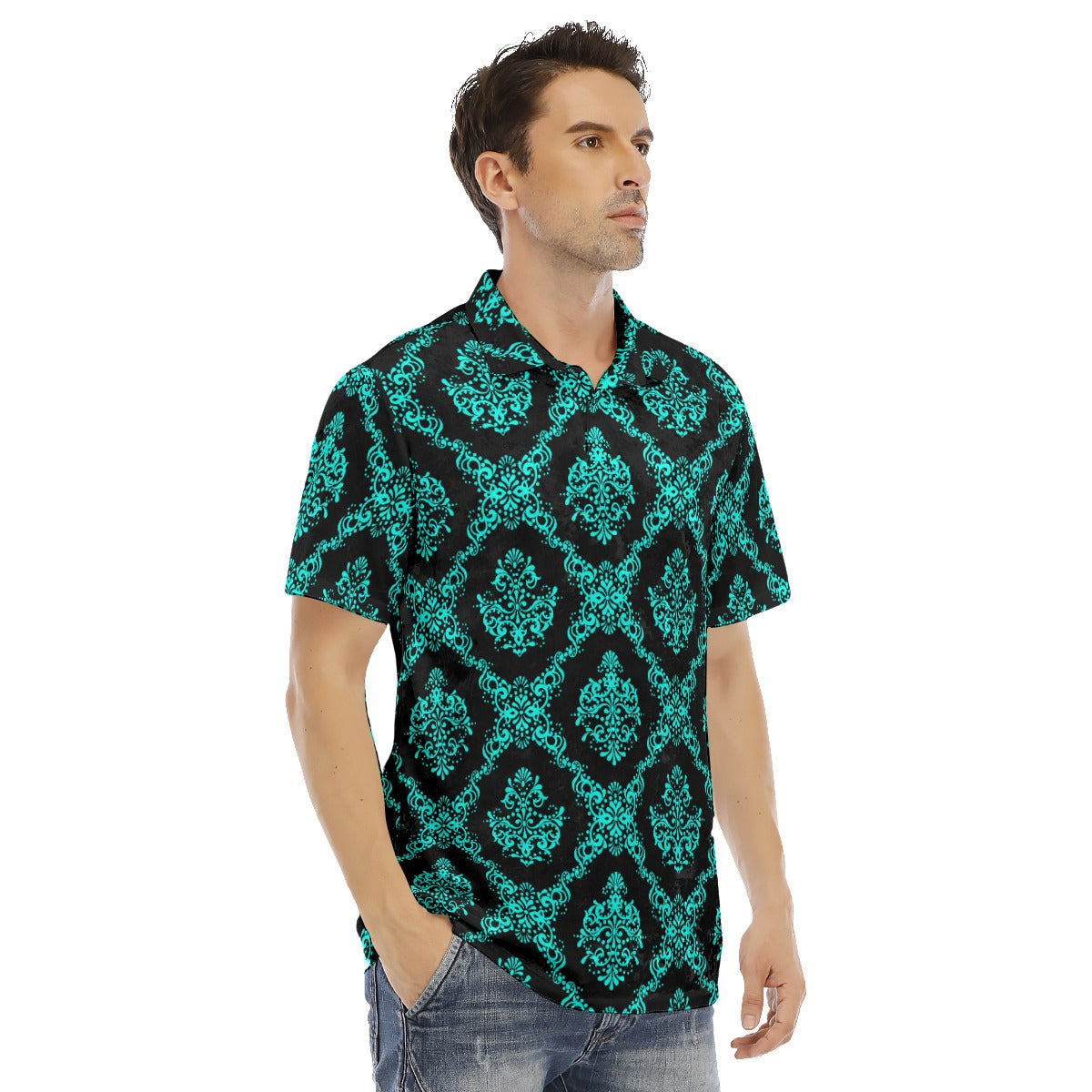 Teal & Black Ethnic Men's Polo Shirt | Velvet