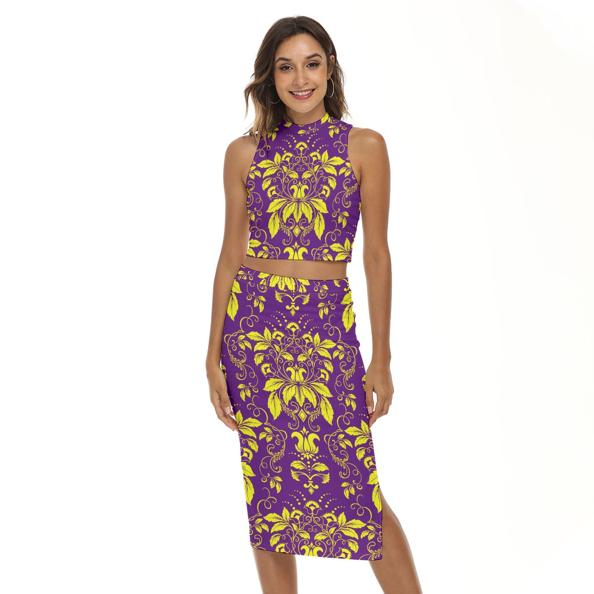 Yellow With Purple Vintage Flowers Women's Tank Top & Split High Skirt Set