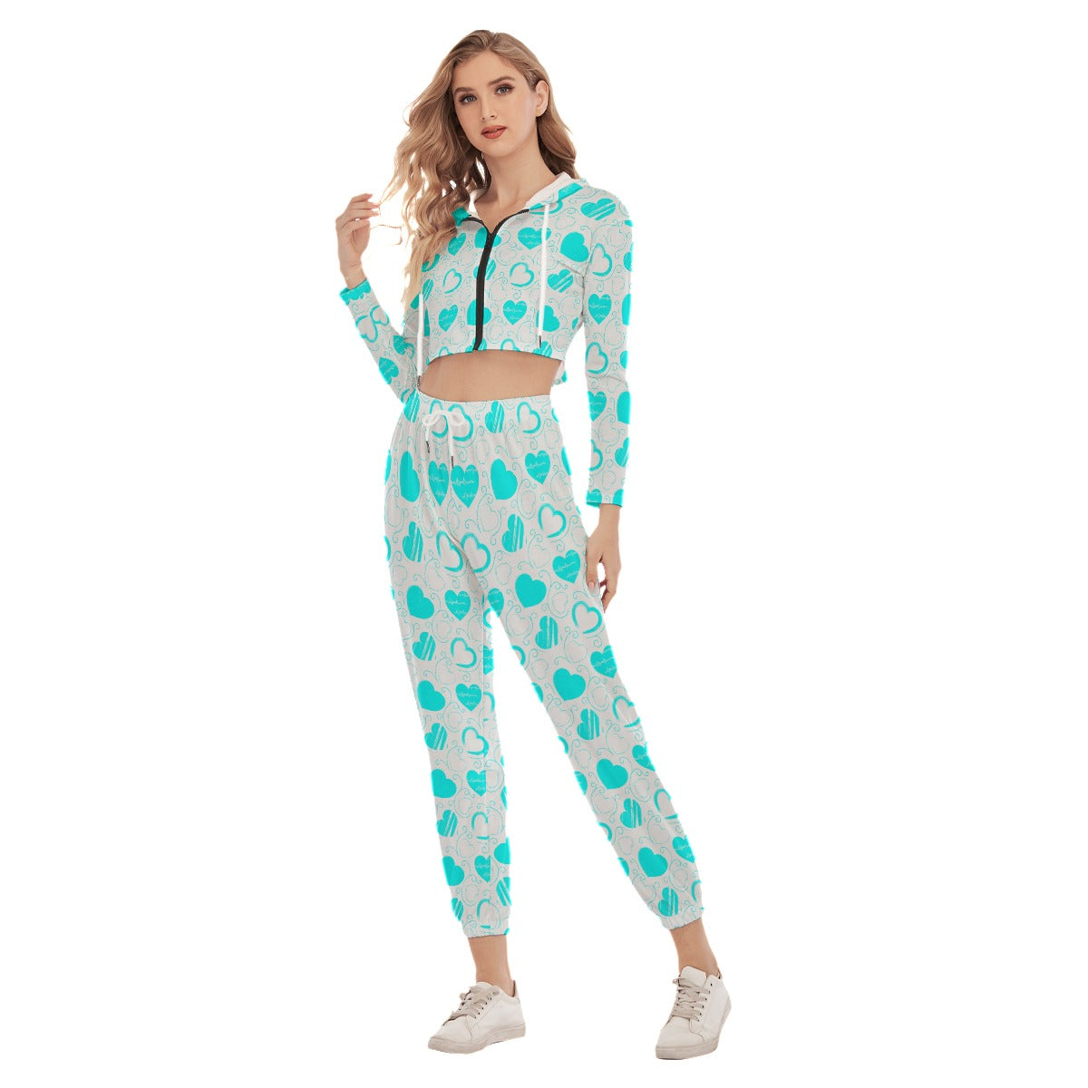 Cute Teal Hearts Women's Crop Hoodie Sports Sets