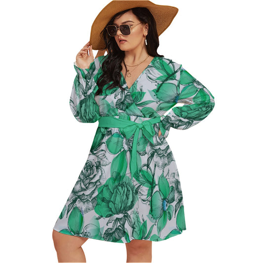 Retro Style Teal Roses Women's V-neck Dress With Waistband (Plus Size)