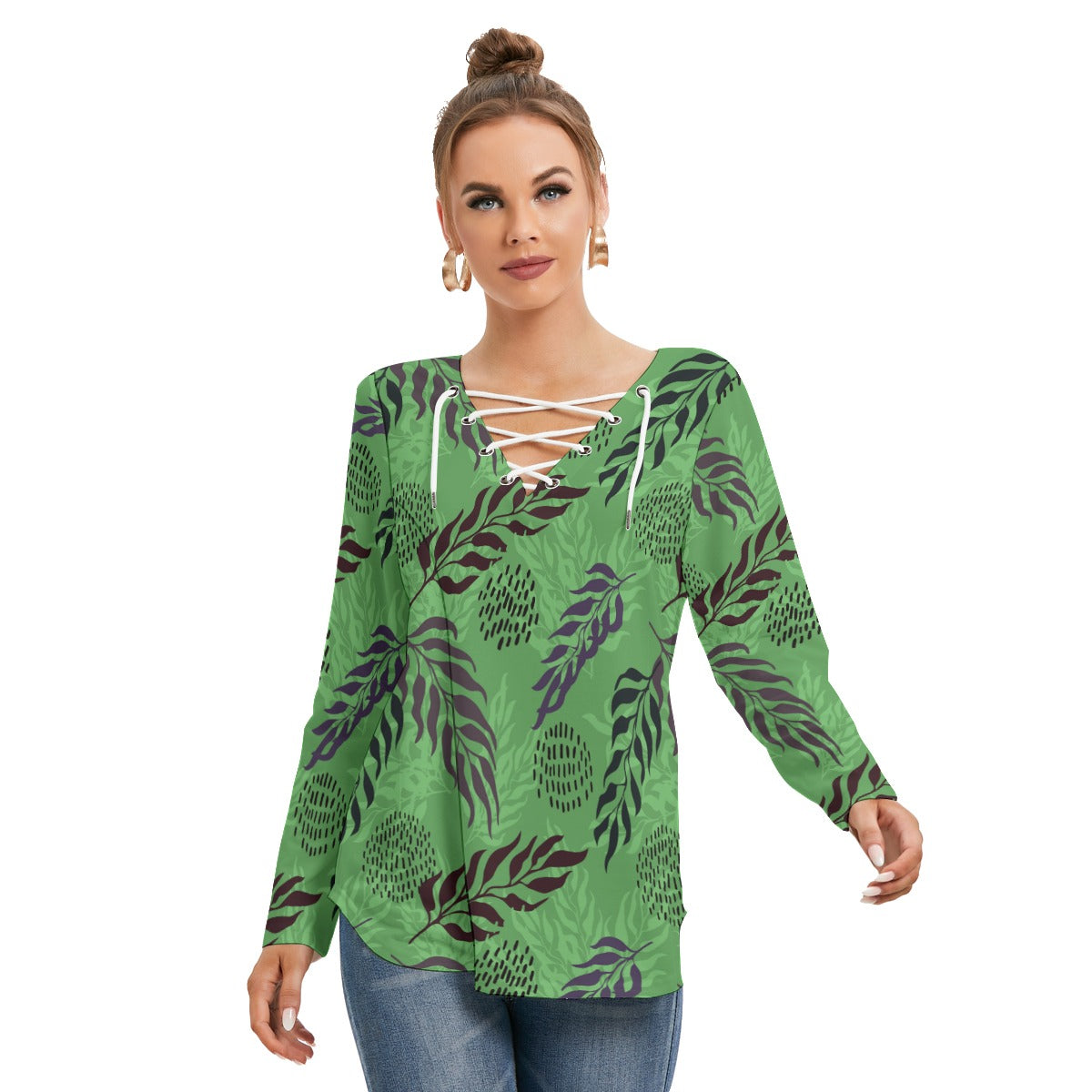 Exotic Leaves Women's Long Sleeve Neckline Tie Sweatshirt