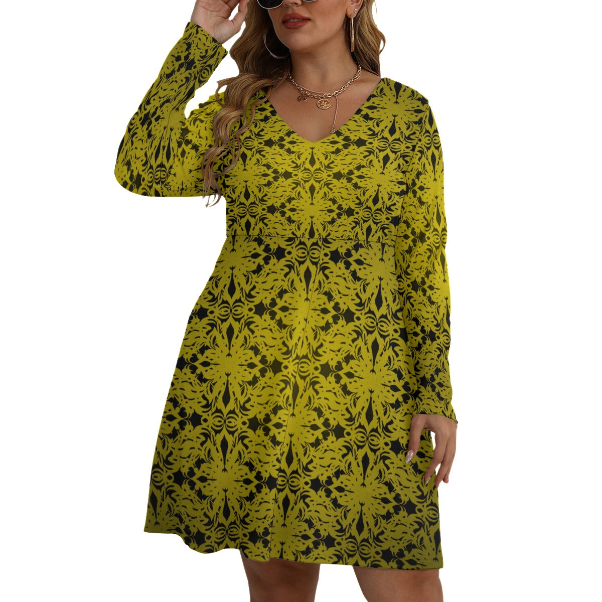 Royalty Made Yellow & Black Women's V-neck Long Sleeve Dress (Plus Size)