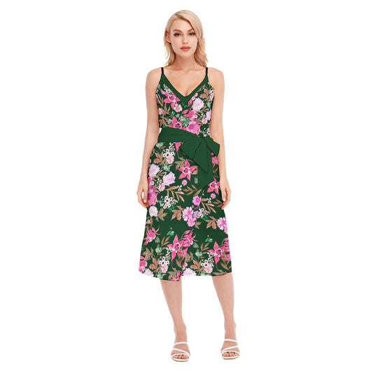 Watercolor Flowers Women's V-neck Cami Dress With Waist Band