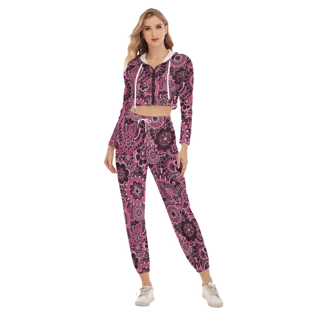 Cute Pink Flower Women's Crop Hoodie Sports Sets